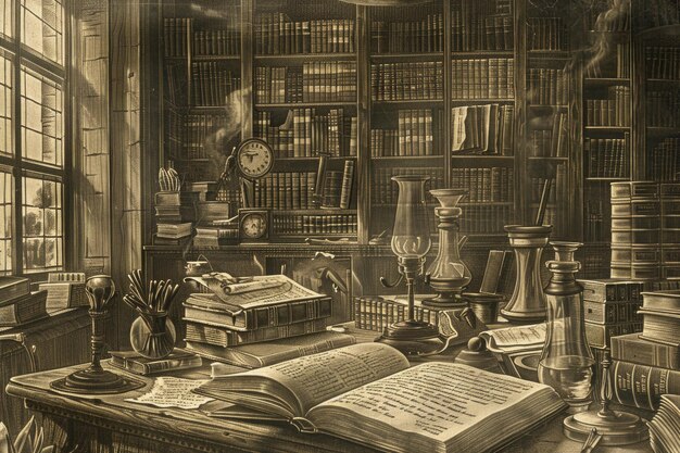 Une ancienne gravure d'une étude savante remplie de livres et d'une horloge créant une atmosphère d'apprentissage et de gestion du temps