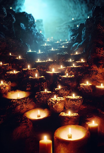 Ancienne grotte effrayante avec des bougies allumées et des crânes. Une vieille grotte abandonnée avec des os.