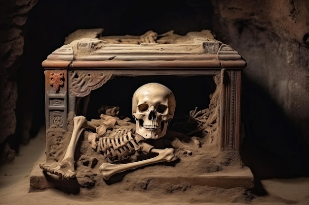 Ancienne grotte tombale avec des os de squelette Vieux voyage historique relique vide Générer Ai