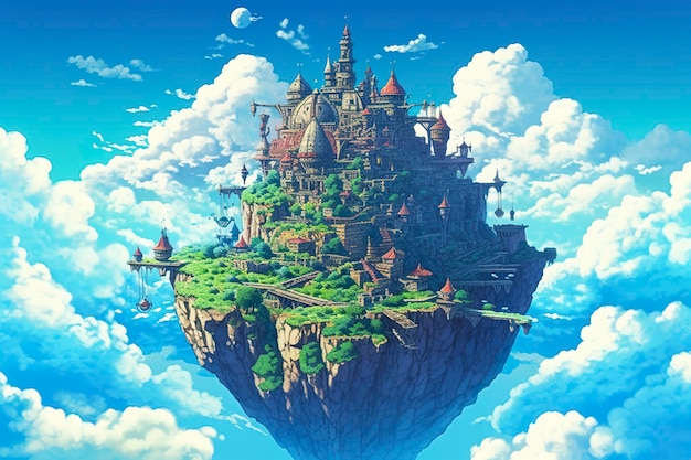 L'ancienne île céleste flottante dans le ciel avec un château vibrant fantasypunk AI génératif