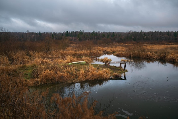 Ancienne jetée en bois rustique sur un lac tranquille avec des herbes sauvages sur la rive et des réflexions sur l'eau