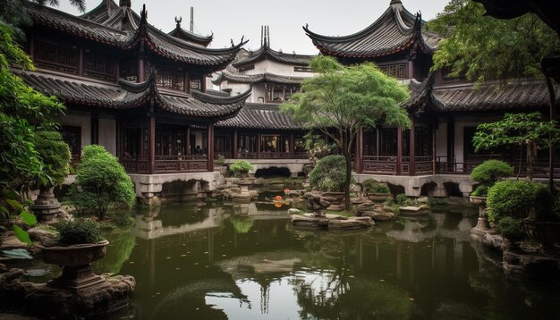 L'ancienne pagode reflète la spiritualité dans un étang tranquille généré par l'IA