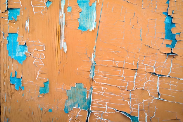 Ancienne peinture orange et bleue fissurée sur des planches de bois