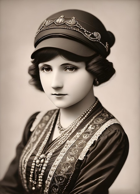 Ancienne photographie sépia de jeune fille dans les années 1920 avec un chapeau et une robe à rayures blanches