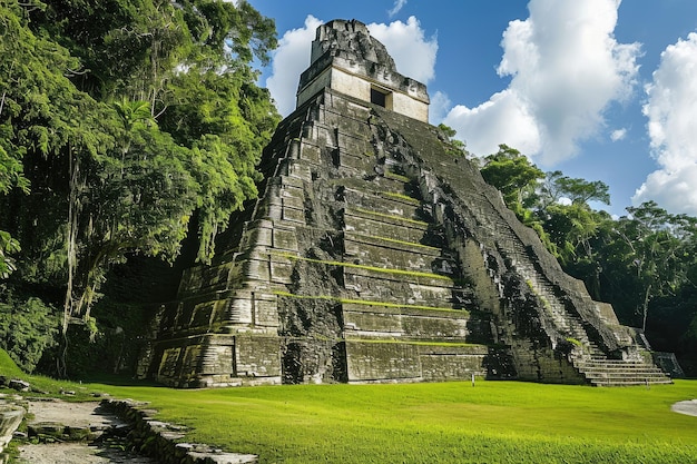 Photo une ancienne pyramide maya entourée d'une forêt tropicale verdoyante générée par l'ia
