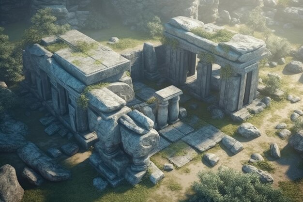 Une ancienne structure en pierre et son terrain rocheux environnant d'un point de vue aérien AI générative