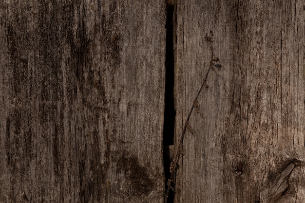 Ancienne surface en bois sombre texturée avec des fissures, des nœuds, des ongles rouillés. Fragment de clôture ou fond naturel de planches de mélèze.