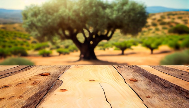 Ancienne table en bois pour l'affichage des produits avec fond bokeh d'un champ d'oliviers verts naturels Conception de la disposition des oliviers avec une perspective de table ancienne naturelle Generative AI