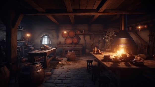 Ancienne taverne médiévale avec ses ventres et son foyer allumé générée par l'IA