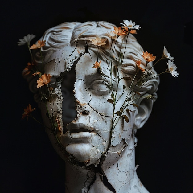 Ancienne tête de statue brisée avec des fleurs