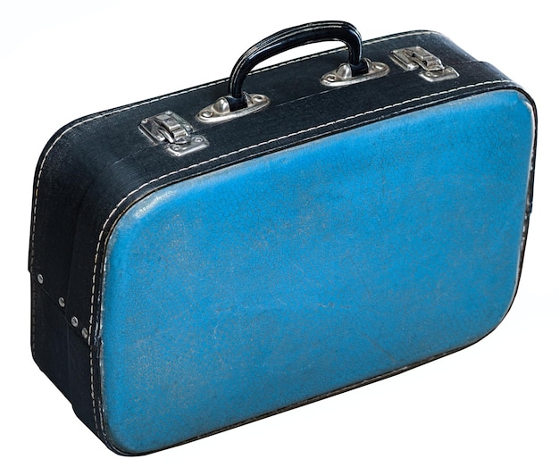 Ancienne valise à bagages bleu isolé sur fond blanc