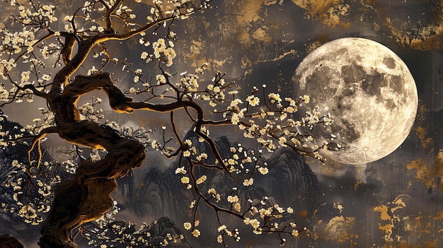 Anciennes fleurs d'arbres de prune dorées sous la pleine lune la lune et la nuit avec un fond mural de papillon