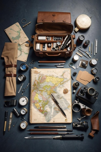 Anciennes jumelles boussole et autres accessoires de voyage sur fond sombre