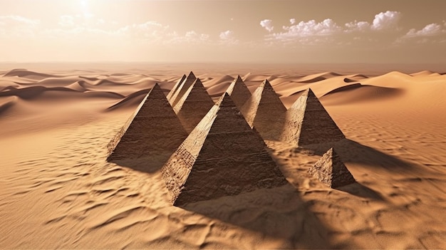 Anciennes pyramides dorées s'élevant des sables du désert