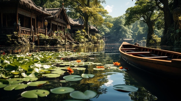 D'anciens bateaux en bois dans l'étang de lotus fournissent des bateaux à rames pour les écotouristes