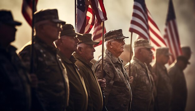 Photo les anciens combattants en formation saluent le drapeau américain lors de la journée des anciens combattants image stock