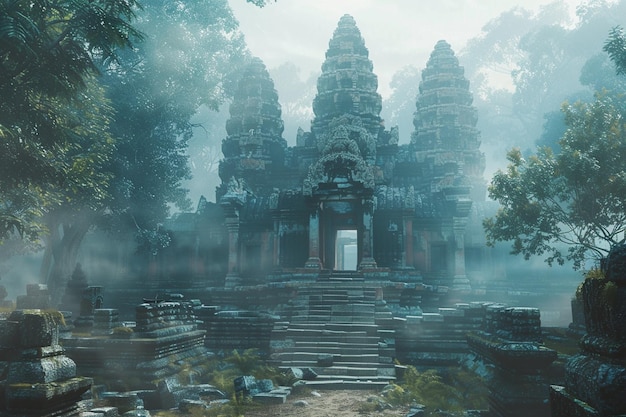 Les anciens temples entourés de matinées brumeuses