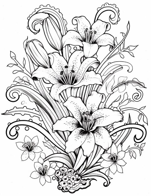 Ancrage avec des fleurs Livre à colorier pour adultes Illustration en noir et blanc