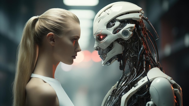 Un android féminin ressemblant à la vie fait face à un robot, un concept de confrontation entre l'homme et le cyborg.