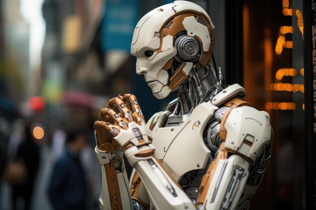 Un androïde dans une ville regardant dans le style de poses pensives robotique futuriste à résolution 8k