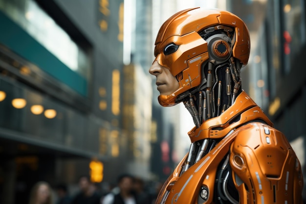 Un androïde dans une ville regardant dans le style de poses pensives robotique futuriste à résolution 8k