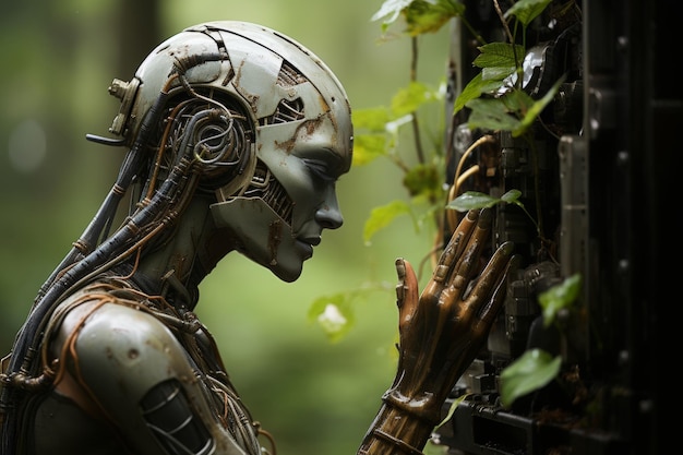 Un androïde féminin futuriste appréciant l'odeur des fleurs fraîches après la pluie.