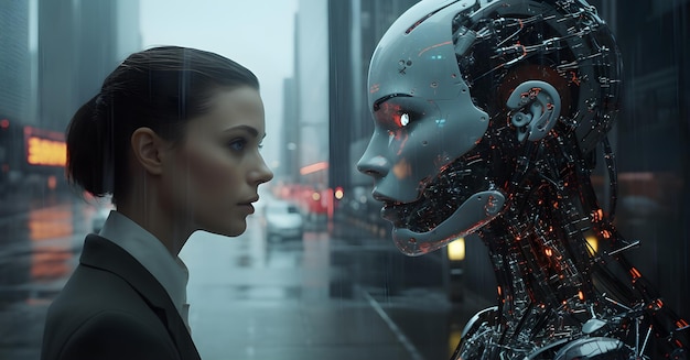 Un androïde futuriste face à face d'un humain et d'un robot humanoïde Intelligence artificielle