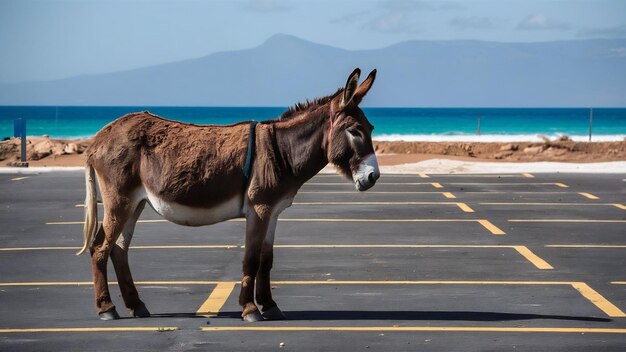 Un âne dans le parking de la plage de Cofete sur l'île de Fuerteventura en Espagne