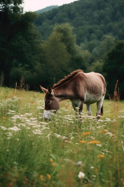 Un âne paît dans un champ vert et luxuriant créé avec de l'AI générative.