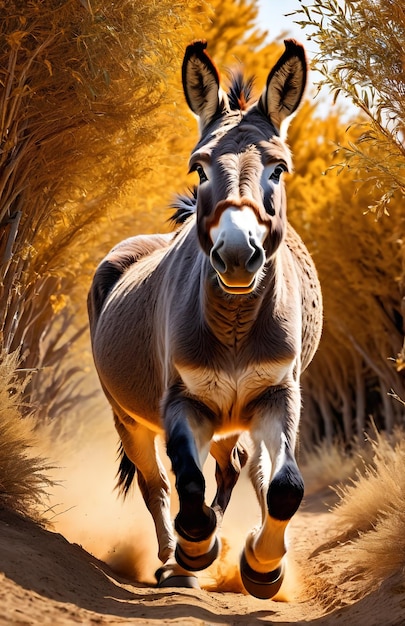 Un âne qui court sur une piste de fond, la nature du désert, la faune et la neige.