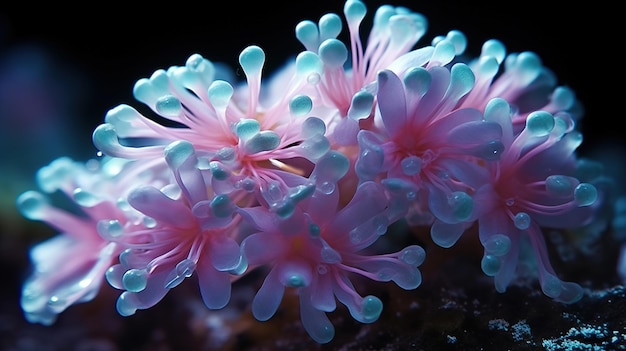 Une anémone de mer rose et bleue avec un fond rose