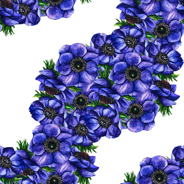 Anémone violette de fleurs de modèle sans couture aquarelle dessinés à la main sur fond blanc Illustration botanique florale de printemps isolée pour cartes de voeux invitation de mariage anniversaire et cartes de fête des mères