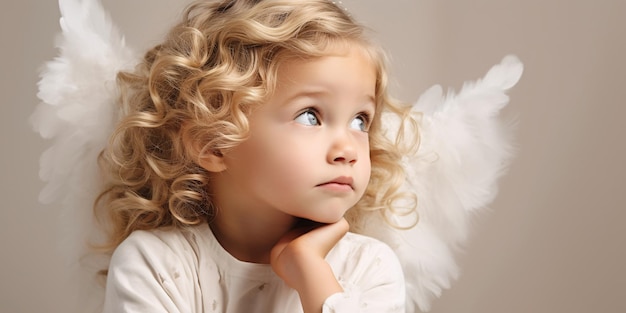 Un ange enfant avec des boucles et des ailes dorées bouclées regardant vers le haut dans la pensée sur un fond neutre