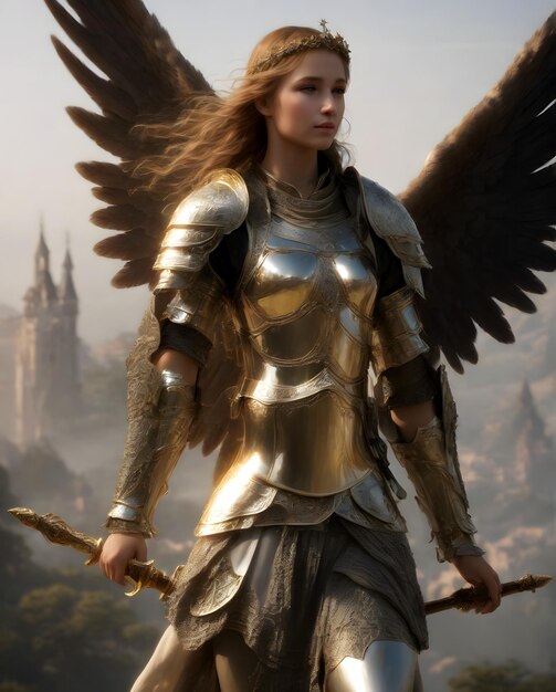 Photo ange femme fantaisie guerrier dans l'armure brillante générative ai