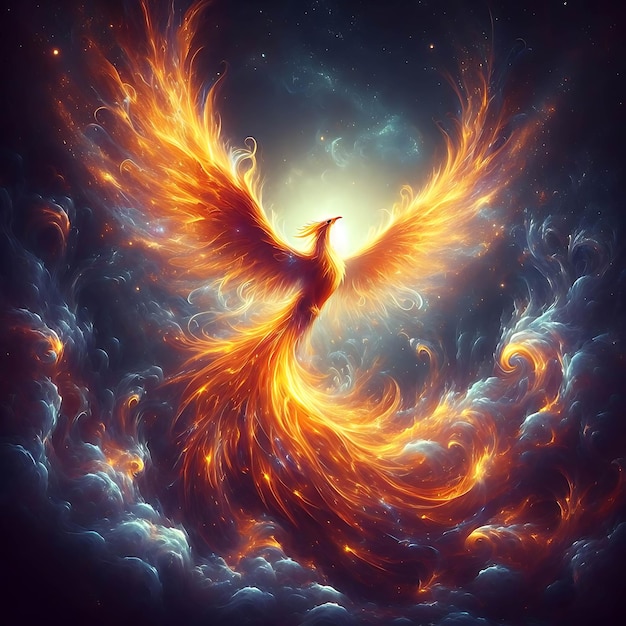 un ange de feu avec des ailes qui vole dans le ciel