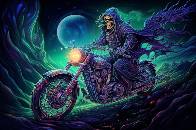 L'ange de la mort faucheuse chevauchant une moto chopper personnalisée