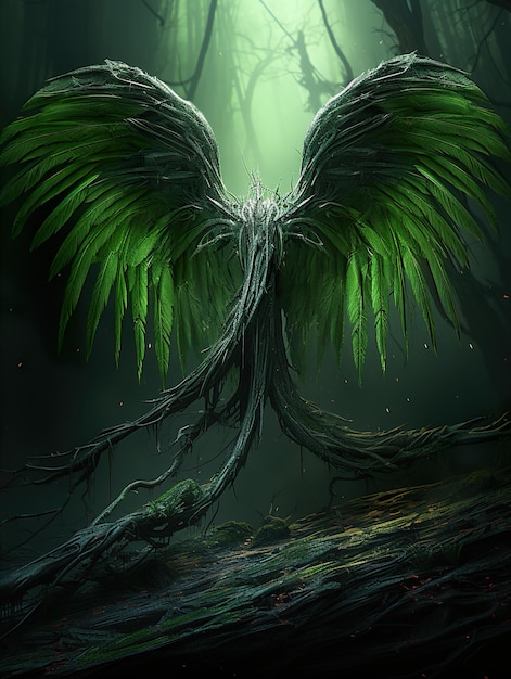 un ange vert avec des ailes qui dit le mot en bas