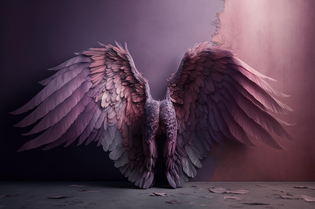 Un ange violet et rose aux ailes déployées et le mot ange à gauche.