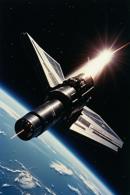 Photo angel warp drive ophanim oppenheimer canon orbital militaire visant la terre et tirant un faisceau flottant dans l'exosphère