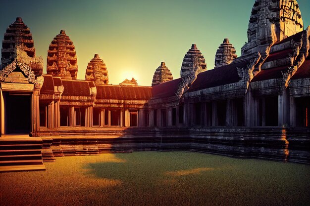 Angkor wat Cambodge beau temple ancien ruines peinture de style art numérique vue sur l'horizon