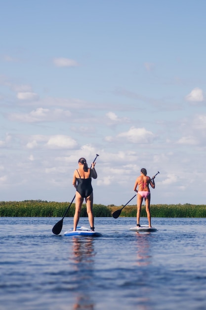 Angle bas de dames plus âgées sur des planches de sup, les deux rames se déplaçant de la même manière sur le lac bleu avec des ondulations avec des roseaux verts en arrière-plan portant des maillots de bain Mode de vie actif pour les personnes âgées