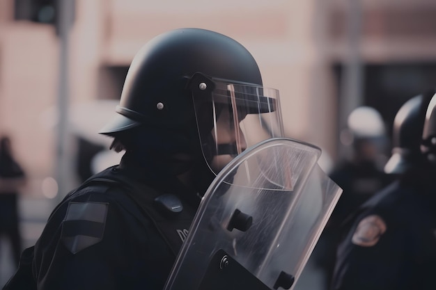 Angle bas de soldats de la police anonymes en uniformes de protection et casques debout contre une camionnette d'escouade et défendant par des boucliers anti-émeute Réseau de neurones généré par l'IA