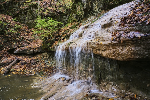 Angle de détail de la cascade s'écoulant sur les roches brunes à l'automne