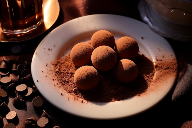 Angle élevé de bonbons au chocolat sur assiette avec de la poudre de cacao
