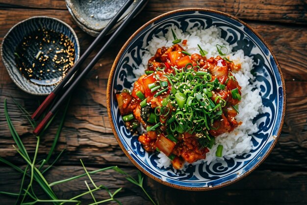 Angle élevé de nourriture asiatique dans un bol avec du riz