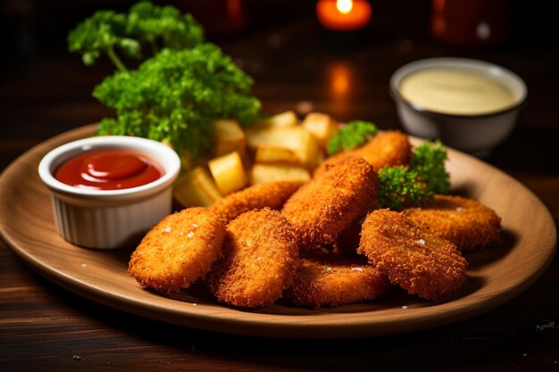 Photo angle élevé de pattes de poulet frites et de nuggets avec des boissons gazeuses et des frites