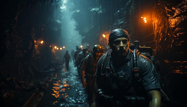 Photo angle des soldats qui courent dans le tunnel avec des viseurs laser et des lanternes