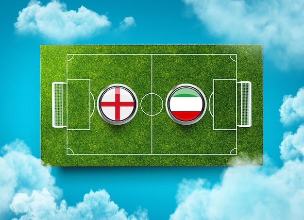 L'Angleterre contre l'Iran contre la bannière d'écran Concept de football stade de terrain de football vue de dessus illustration 3d