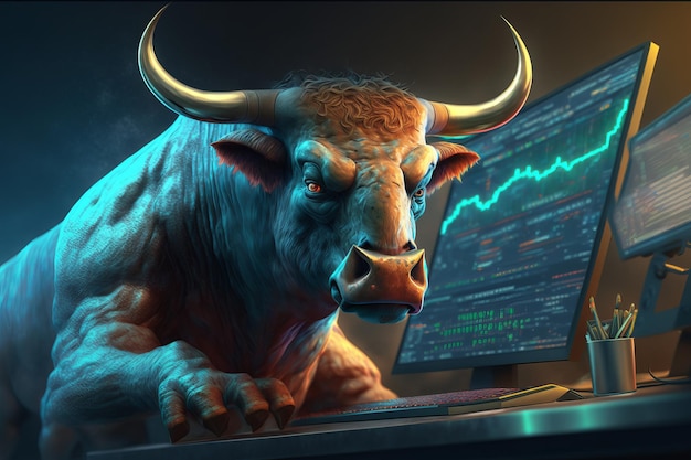 Angry Bull trading avec ordinateur Bullish in Stock market et Crypto currency Generative Ai