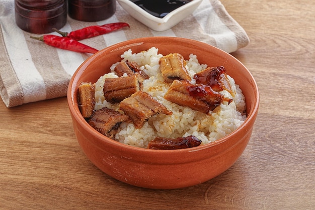 Anguille rôtie avec du riz cuit à la vapeur et de la sauce